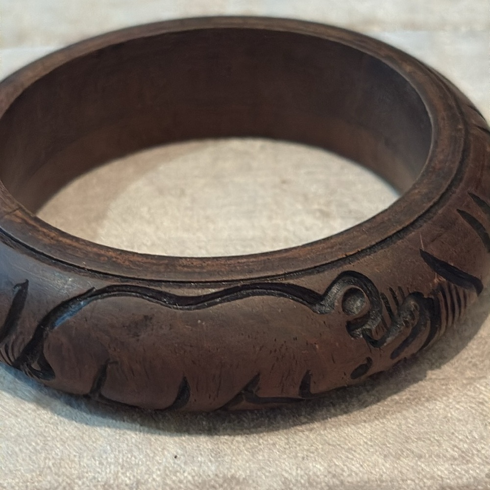 Intricately Artisan Designed Carved Wooden Rhinoceros Bracelet 7-8”
